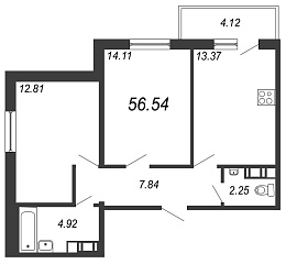 IQ Гатчина, III кв. 2021, 2 комнаты, 56.54 м2