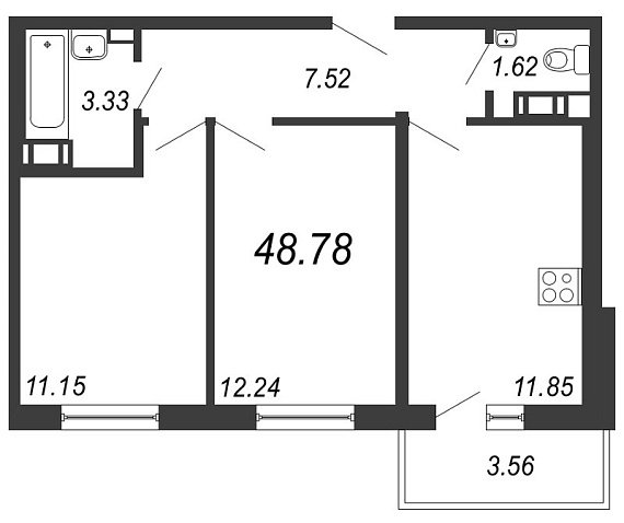 IQ Гатчина, III кв. 2021, 2 комнаты, 48.78 м2