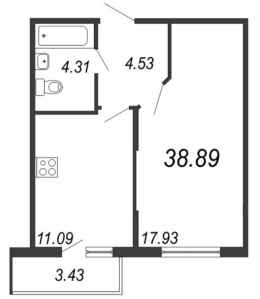 Новое Сертолово, IV кв. 2021, 1 комната, 38.89 м2