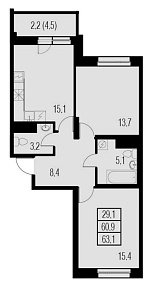 Жемчужный Каскад, IV кв. 2020, 2 комнаты, 60.90 м2