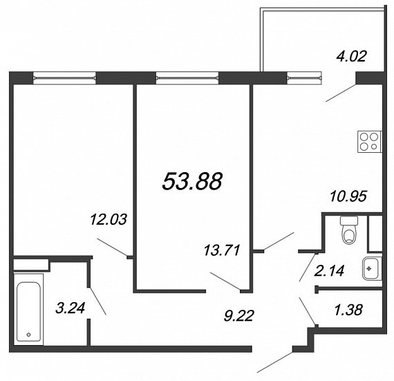 Юттери, III кв. 2021, 2 комнаты, 53.88 м2