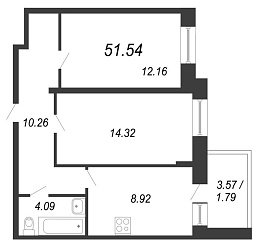 Чистый ручей, IV кв. 2021, 2 комнаты, 51.54 м2