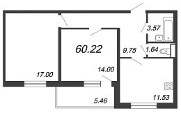 Юттери, III кв. 2021, 2 комнаты, 60.22 м2