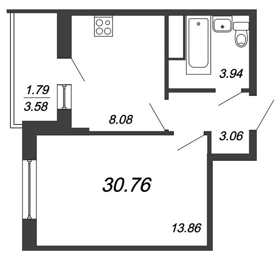 Полис на Комендантском, IV кв. 2021, 1 комната, 30.76 м2