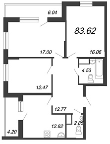 Охта Хаус, I кв. 2021, 3 комнаты, 83.62 м2