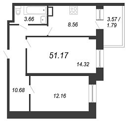 Чистый ручей, IV кв. 2021, 2 комнаты, 51.17 м2